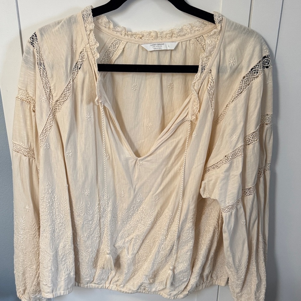 Lightweight Cream Embroidered Peasant Top - Lucky Brand